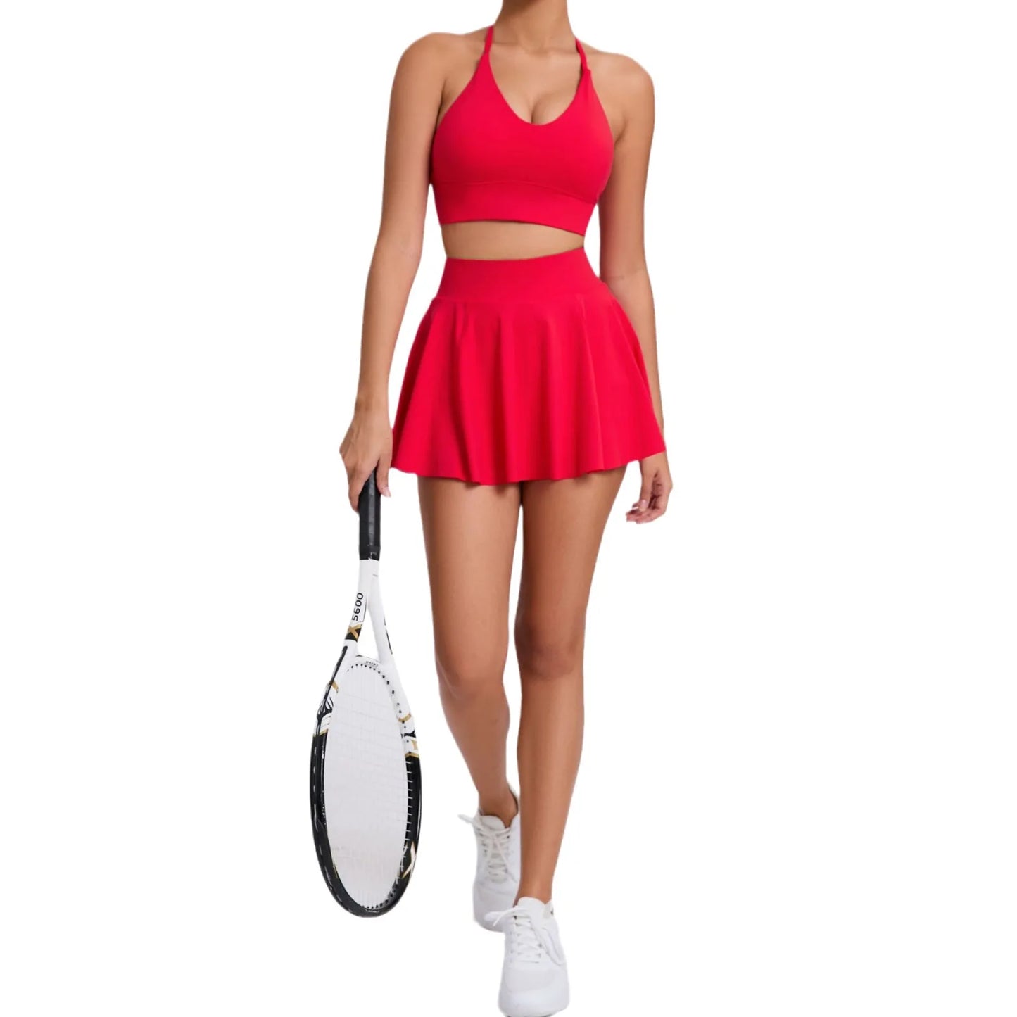 Conjunto de yoga para mujer con sujetador y falda corta de tenis - Traje de fitness, conjunto de running, camiseta sin mangas para exteriores con bolsillo, ropa deportiva