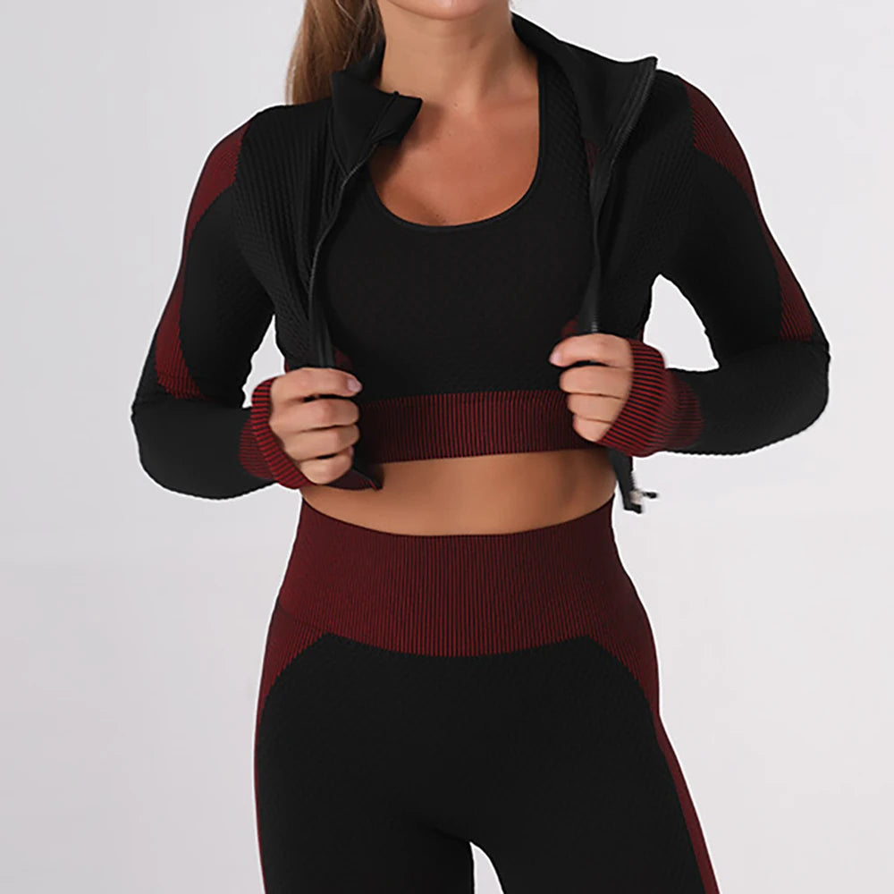 Conjunto de entrenamiento sin costuras de 3 piezas para mujer con chaqueta, sujetador y leggings, traje de yoga de tres piezas para deportes y fitness