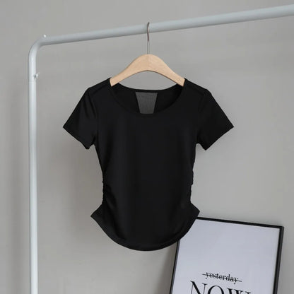 Women's Summer Ruched Waist Workout T-Shirt Mesh Panel Sports Top, Moisture-Wicking & Breathable – Yoga Gym Running Fitness Tee
