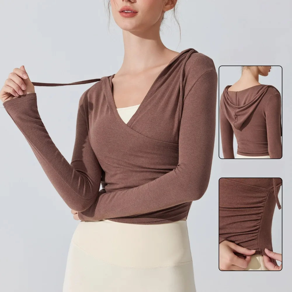 Camiseta de yoga con capucha de manga larga para mujer - Camiseta de entrenamiento con cuello en V ajustada para Pilates, gimnasio, ropa deportiva, blusa