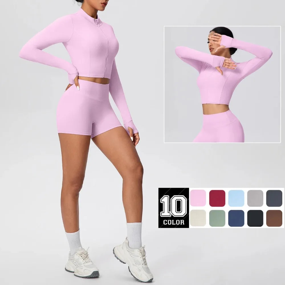 2Pieces Fitness Yoga Set Thumbhole Long Sleeve Top & Gym Shorts, Zipper Activewear for Women Yoga, Running, Workout Training