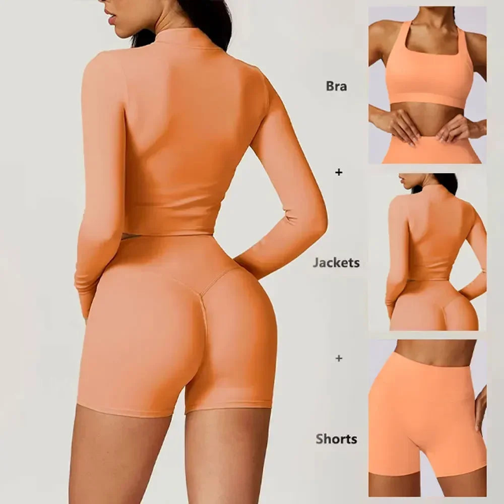 Conjunto de yoga de 3 piezas para mujer, atuendo de entrenamiento con tela "sensación desnuda" con sujetador, chaqueta y pantalones cortos para fitness, gimnasio, pilates y ropa deportiva al aire libre