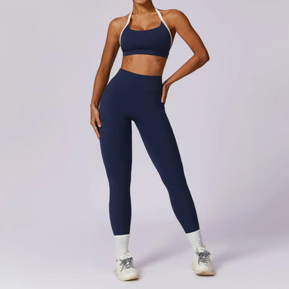 2Pcs Women Gym Workout Set - Backless Yoga Sports Bra Short-Sleeved Shirt Running Leggings, High Waist Fitness Active Wear