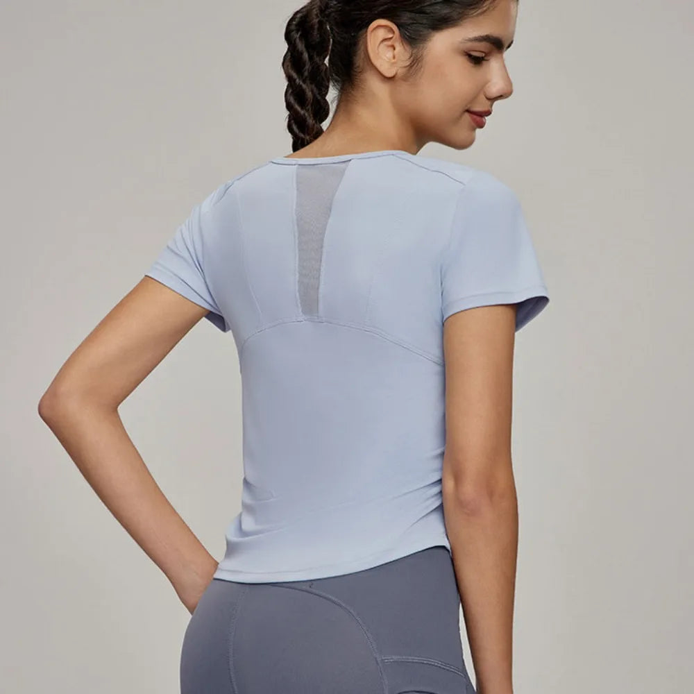 Women's Summer Ruched Waist Workout T-Shirt Mesh Panel Sports Top, Moisture-Wicking & Breathable – Yoga Gym Running Fitness Tee