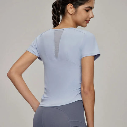 Women's Summer Ruched Waist Workout T-Shirt Mesh Panel Sports Top, Moisture-Wicking & Breathable – Yoga Gym Running Fitness Tee