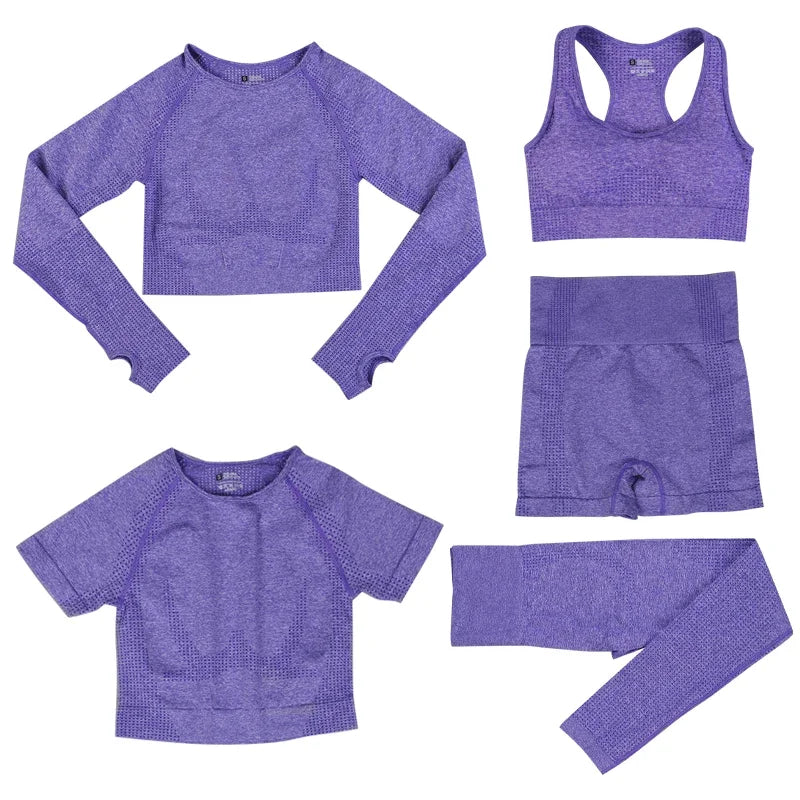 Women's 5-Piece Seamless Yoga Set, Dot Print Crop Top High Waist Leggings Long Sleeve Activewear for Gym Pilates Outdoor Fitness