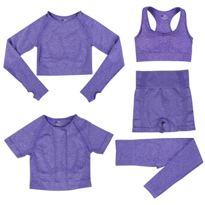 Women's 5-Piece Seamless Yoga Set, Dot Print Crop Top High Waist Leggings Long Sleeve Activewear for Gym Pilates Outdoor Fitness