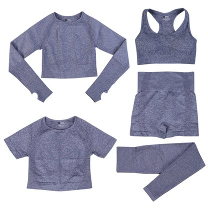 Women's 5-Piece Seamless Yoga Set, Dot Print Crop Top High Waist Leggings Long Sleeve Activewear for Gym Pilates Outdoor Fitness