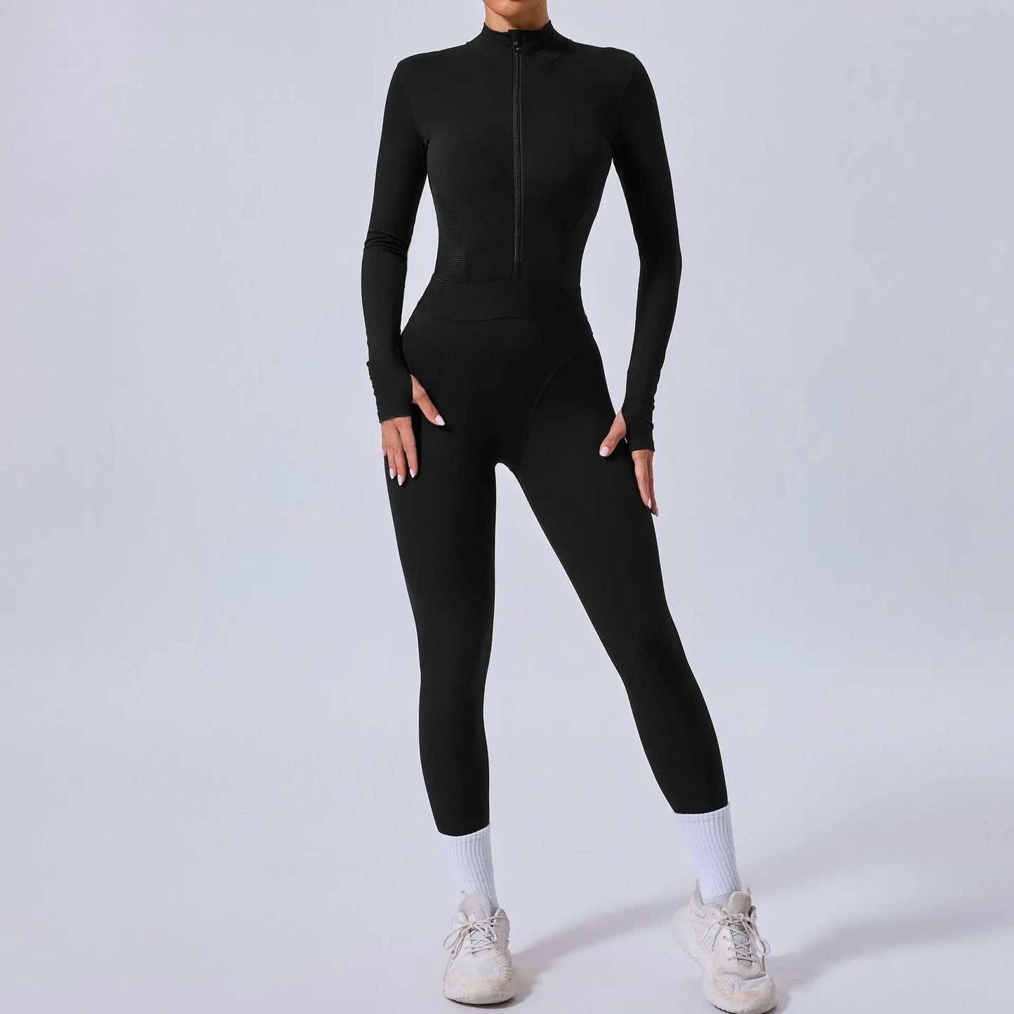 Women's Yoga Jumpsuit – Two-Side Mesh Design, Tight Elastic Waistband Thumb Hole Slim-Fit Activewear for Sports Fitness Workouts