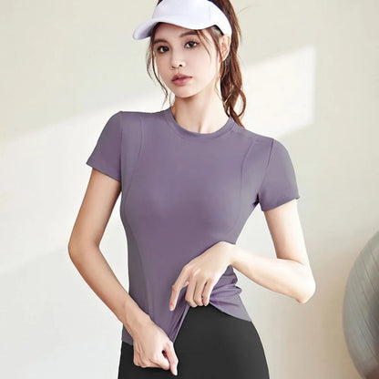 Camiseta deportiva ajustada de secado rápido, slim fit, para exteriores, de manga corta, para gimnasio, correr, ropa de yoga para mujer