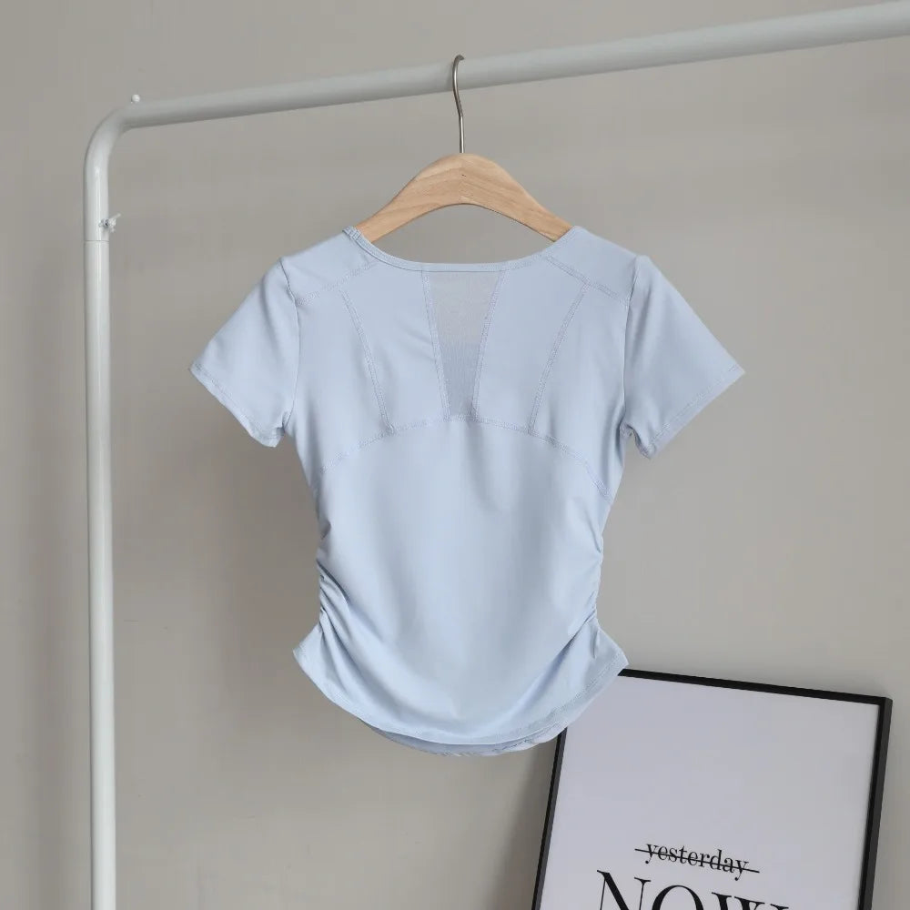 Women's Summer Ruched Waist Workout T-Shirt Mesh Panel Sports Top, Moisture-Wicking & Breathable – Yoga Gym Running Fitness Tee