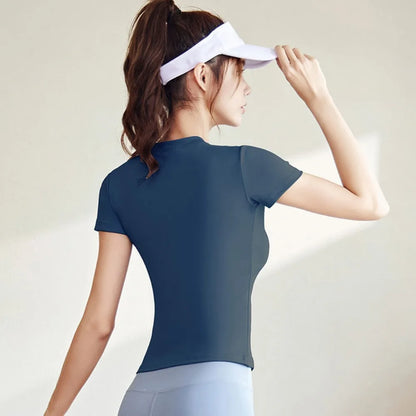 Camiseta deportiva ajustada de secado rápido, slim fit, para exteriores, de manga corta, para gimnasio, correr, ropa de yoga para mujer