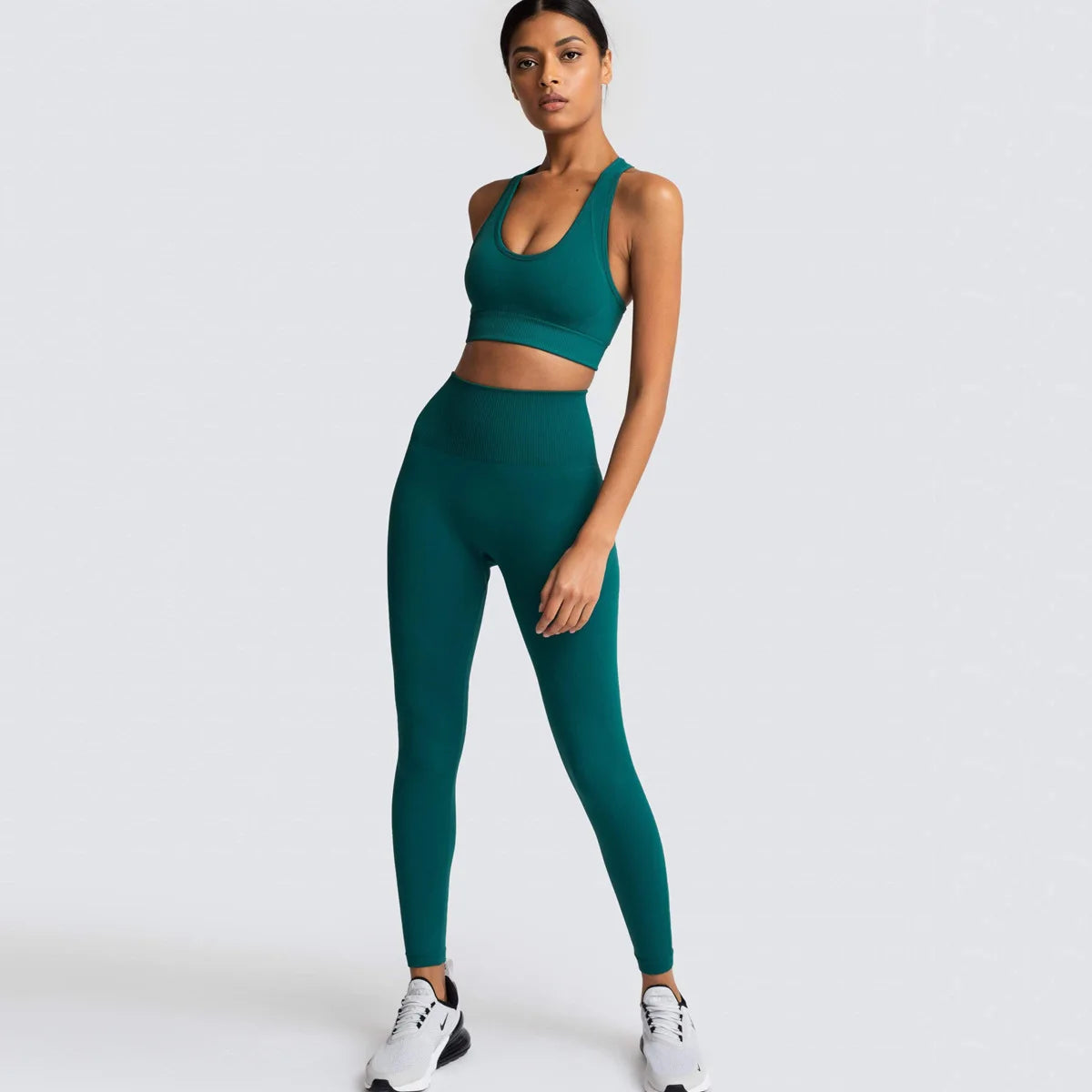 Conjunto de yoga sin costuras para mujer, top corto de fitness y leggings de talle alto con control de abdomen y sujetador incorporado para Pilates, gimnasio y running