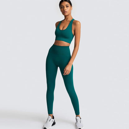 Conjunto de yoga sin costuras para mujer, top corto de fitness y leggings de talle alto con control de abdomen y sujetador incorporado para Pilates, gimnasio y running