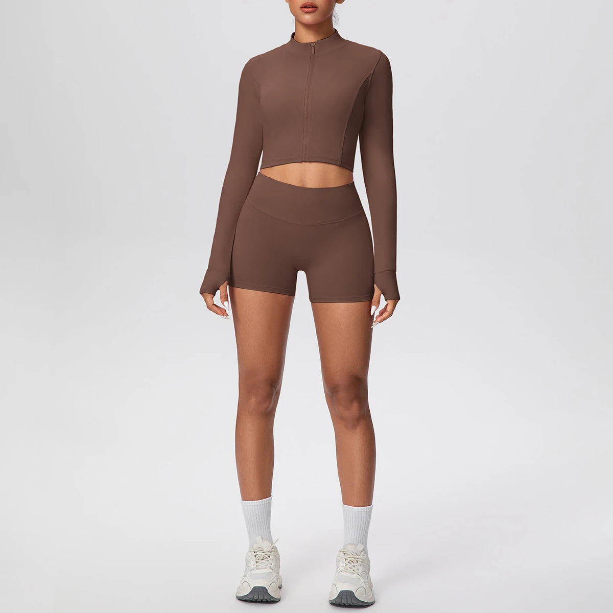 2Pieces Fitness Yoga Set Thumbhole Long Sleeve Top & Gym Shorts, Zipper Activewear for Women Yoga, Running, Workout Training