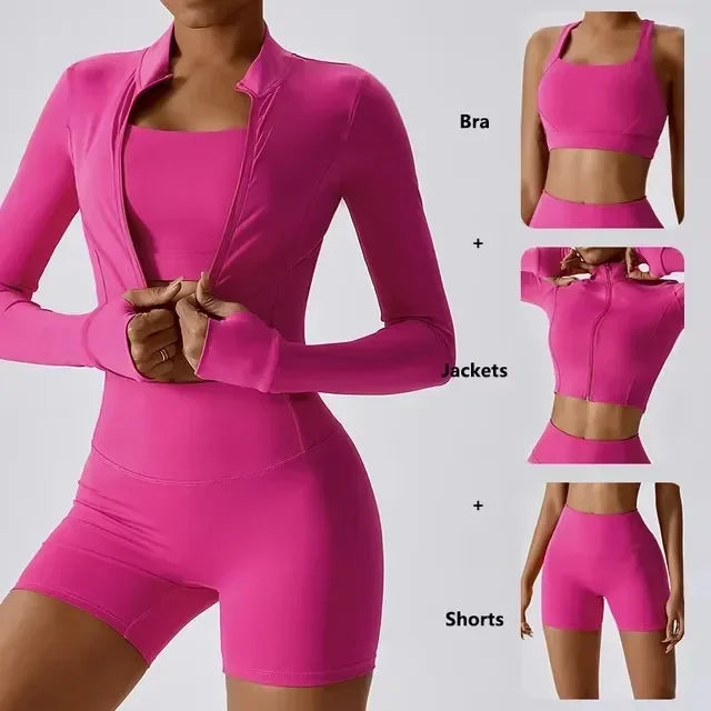 Conjunto de yoga 3 piezas traje deportivo para mujer ropa de yoga de secado rápido chaquetas de gimnasia ropa deportiva para mujer chaquetas de running conjunto para mujer