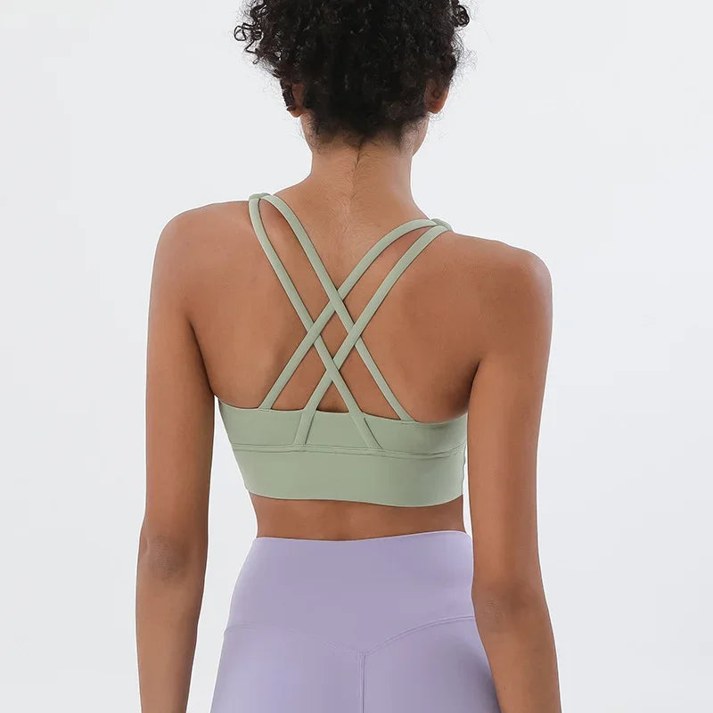 Sujetador deportivo de fitness para mujer, push-up, sin aros, acolchado, con tiras cruzadas, para correr, gimnasio, entrenamiento, yoga, top corto de ropa interior