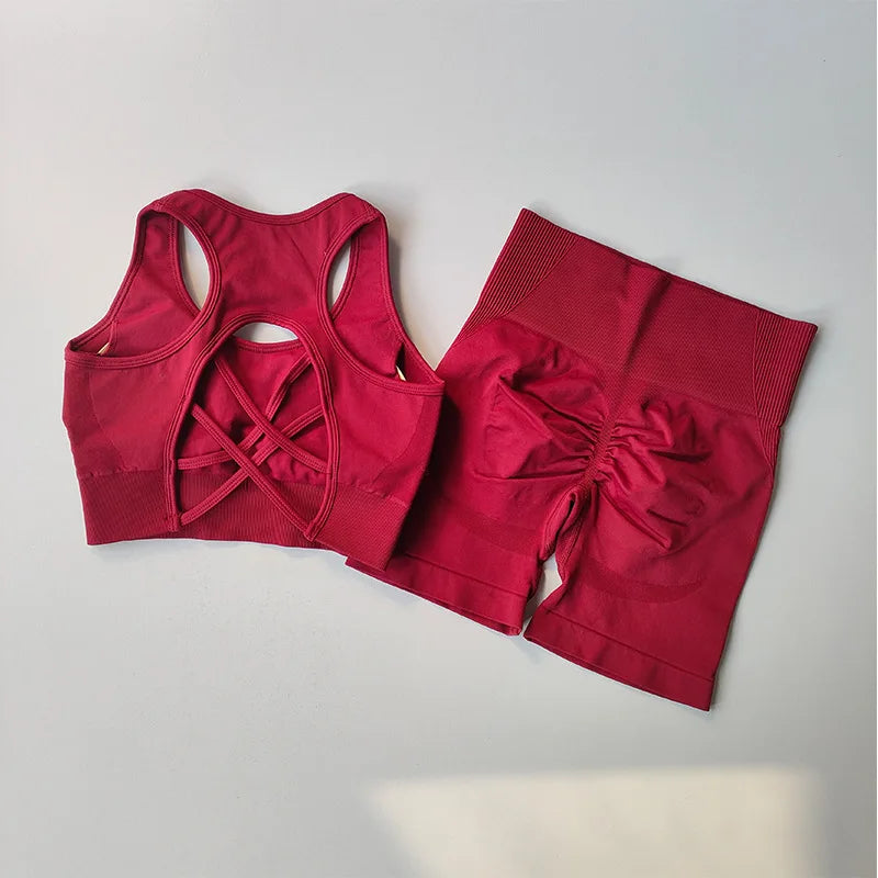 Conjunto de 2 piezas sin costuras de yoga para mujer – Pantalones cortos y top de secado rápido, ropa deportiva de espalda cruzada – Conjunto de fitness para correr, yoga y entrenamientos