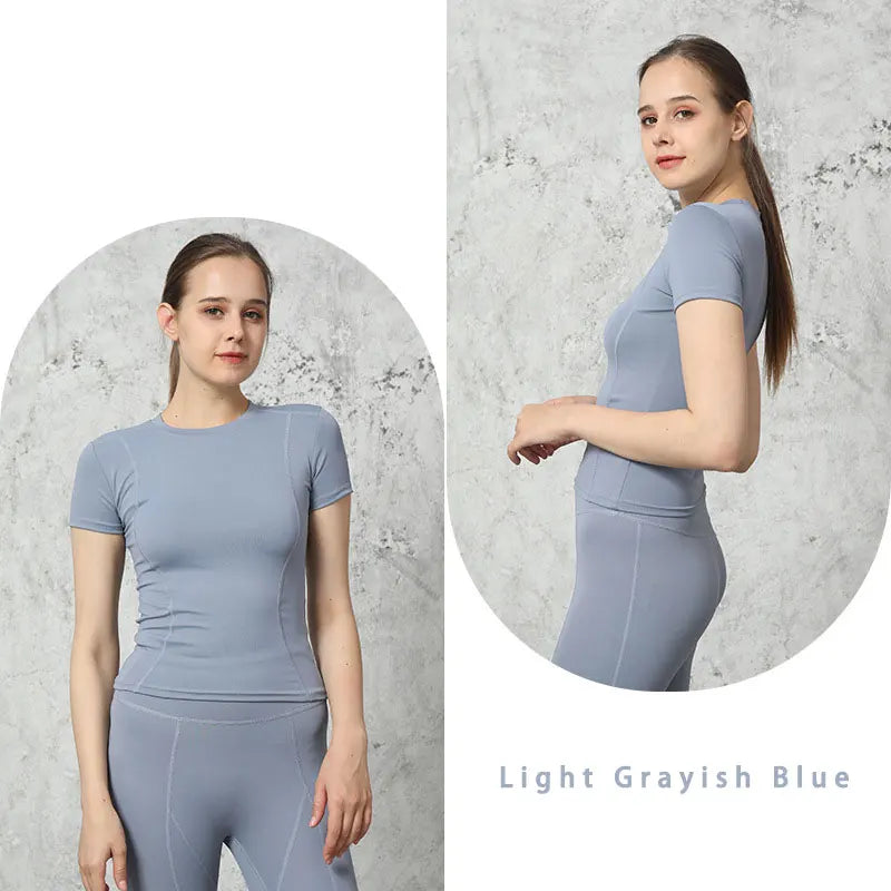 Camiseta deportiva ajustada de secado rápido, slim fit, para exteriores, de manga corta, para gimnasio, correr, ropa de yoga para mujer