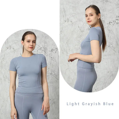 Camiseta deportiva ajustada de secado rápido, slim fit, para exteriores, de manga corta, para gimnasio, correr, ropa de yoga para mujer