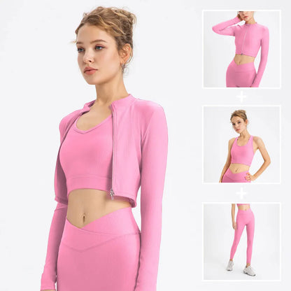 Conjunto deportivo de 3 piezas acanalado para mujer: top de yoga, chaqueta, leggings con fruncido, sujetador deportivo, ropa de gimnasio, trajes de fitness