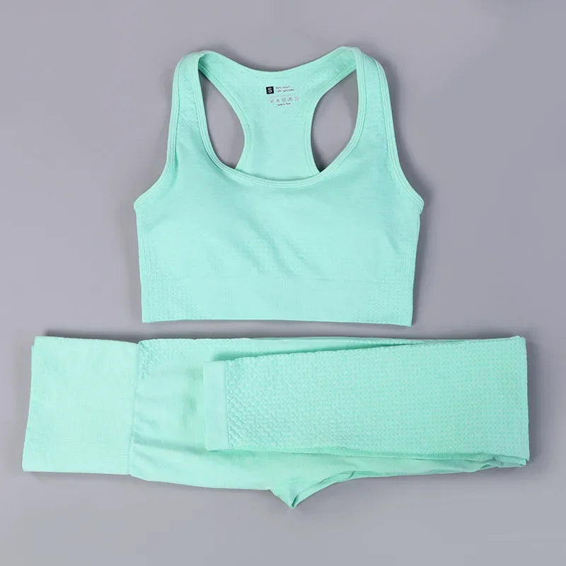 2 Piece Sets Womens Ribbed Yoga Sets Fitness Bra and Seamless High Waisted Sports Leggings Workout Clothes for Women Jogger Suit
