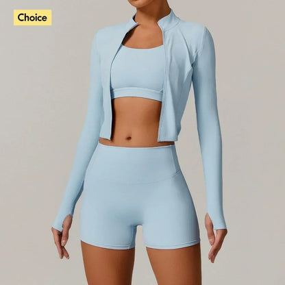 Conjunto de yoga de 3 piezas para mujer, atuendo de entrenamiento con tela "sensación desnuda" con sujetador, chaqueta y pantalones cortos para fitness, gimnasio, pilates y ropa deportiva al aire libre