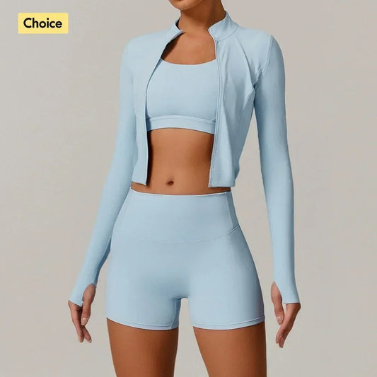 Women's 3-Piece Yoga Set Naked Feel Fabric Workout Outfit with Bra Jacket Shorts for Outdoor Fitness Gym Pilates Activewear