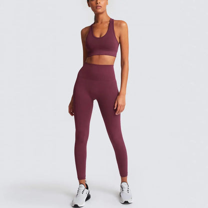 Conjunto de yoga sin costuras para mujer, top corto de fitness y leggings de talle alto con control de abdomen y sujetador incorporado para Pilates, gimnasio y running