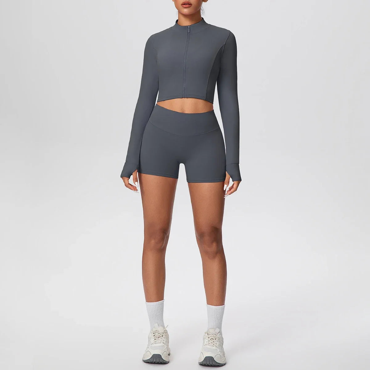 2Pieces Fitness Yoga Set Thumbhole Long Sleeve Top & Gym Shorts, Zipper Activewear for Women Yoga, Running, Workout Training