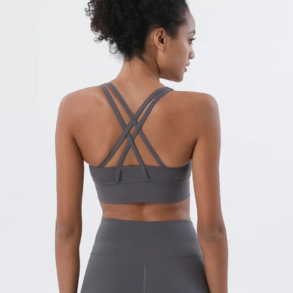 Sujetador deportivo de fitness para mujer, push-up, sin aros, acolchado, con tiras cruzadas, para correr, gimnasio, entrenamiento, yoga, top corto de ropa interior
