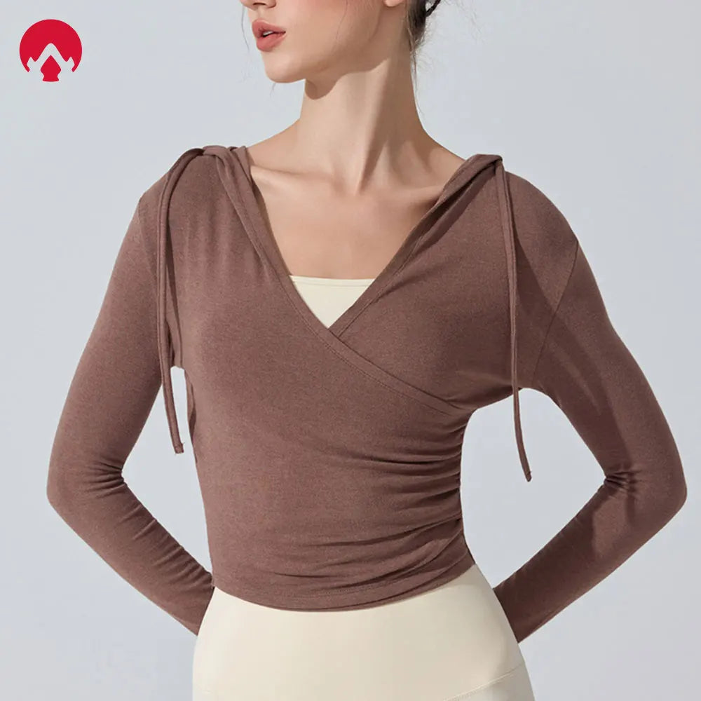 Camiseta de yoga con capucha de manga larga para mujer - Camiseta de entrenamiento con cuello en V ajustada para Pilates, gimnasio, ropa deportiva, blusa