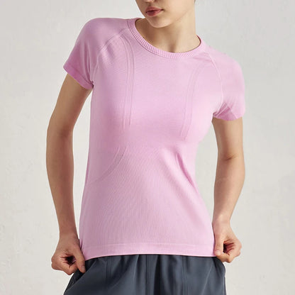 Women's Seamless Antibacterial Yoga Top – Nude Slim-Fit Short Sleeve, Waist-Hugging Tight – Activewear for Running & Fitness
