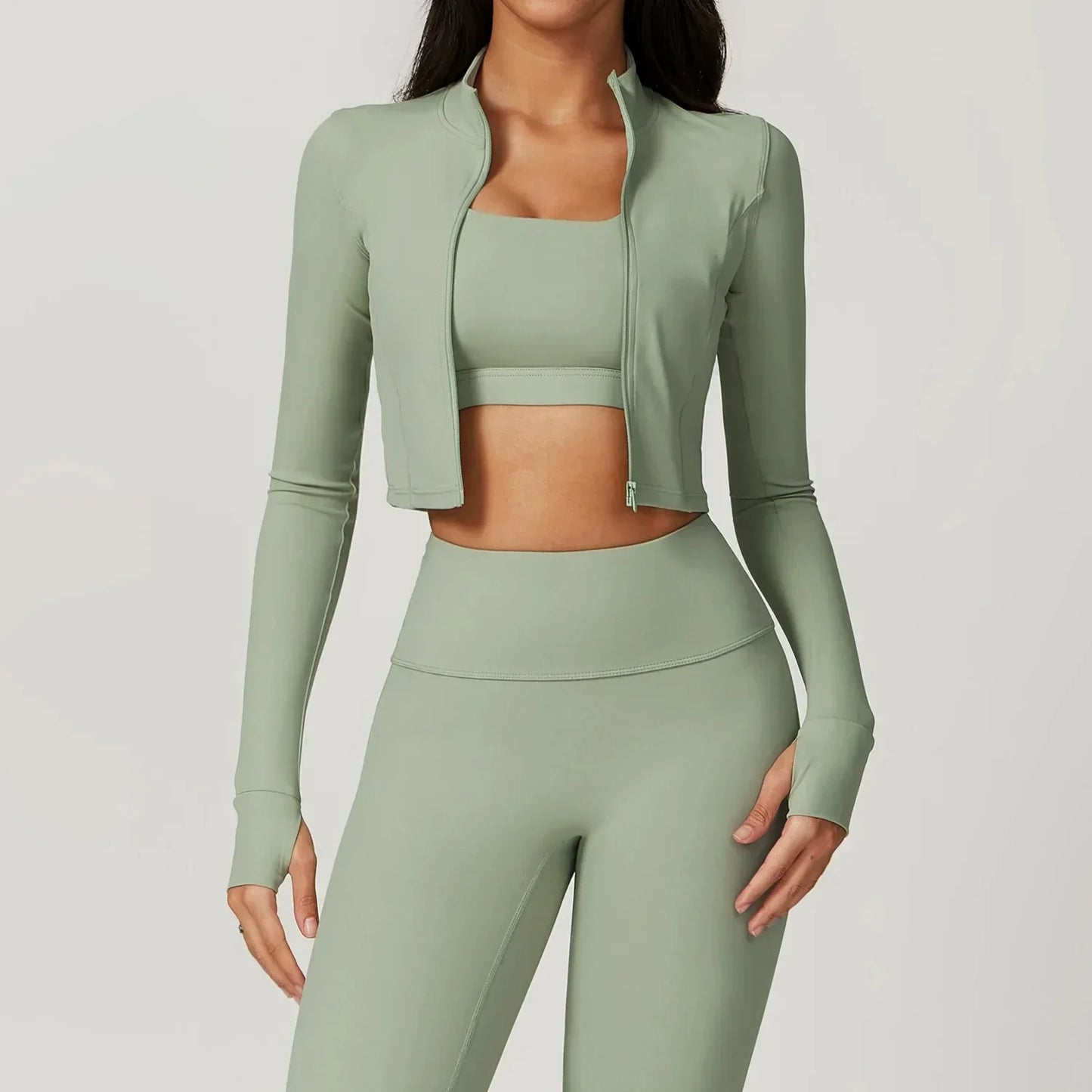 Sports Long Sleeved Women Slim Yoga Clothes Quick Dry Zipper Cardigan Stand Up Collar Jacket Running Fitness Jacket Outdoor Top