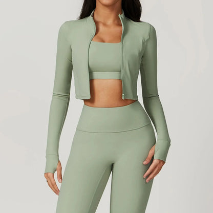 Sports Long Sleeved Women Slim Yoga Clothes Quick Dry Zipper Cardigan Stand Up Collar Jacket Running Fitness Jacket Outdoor Top