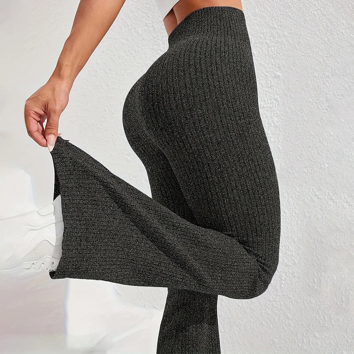 Women's Yoga High Waist Tummy Control Pants - Slim Fit Ribbed Flare Leg Trousers, Workout Lounge Pants Bottoms for Ladies