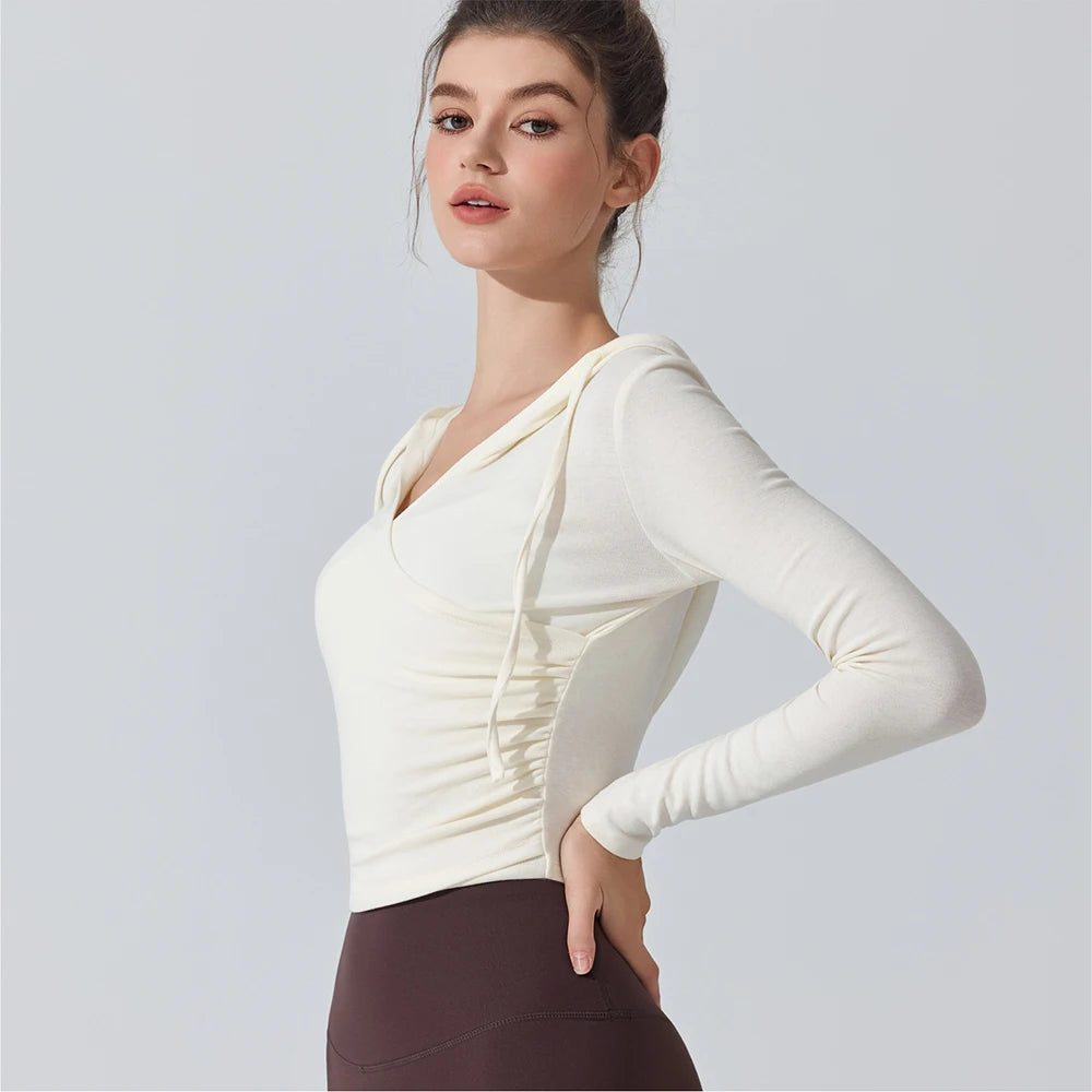 Camiseta de yoga con capucha de manga larga para mujer - Camiseta de entrenamiento con cuello en V ajustada para Pilates, gimnasio, ropa deportiva, blusa