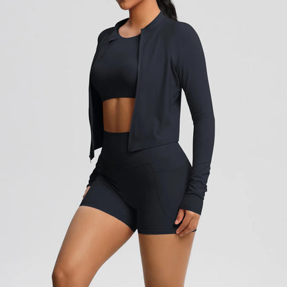 Nude Brushed Yoga Three-Piece Set – Long-Sleeved Sports Jacket, Casual Pocket Shorts & Hip-Lifting Design, for Running Fitness