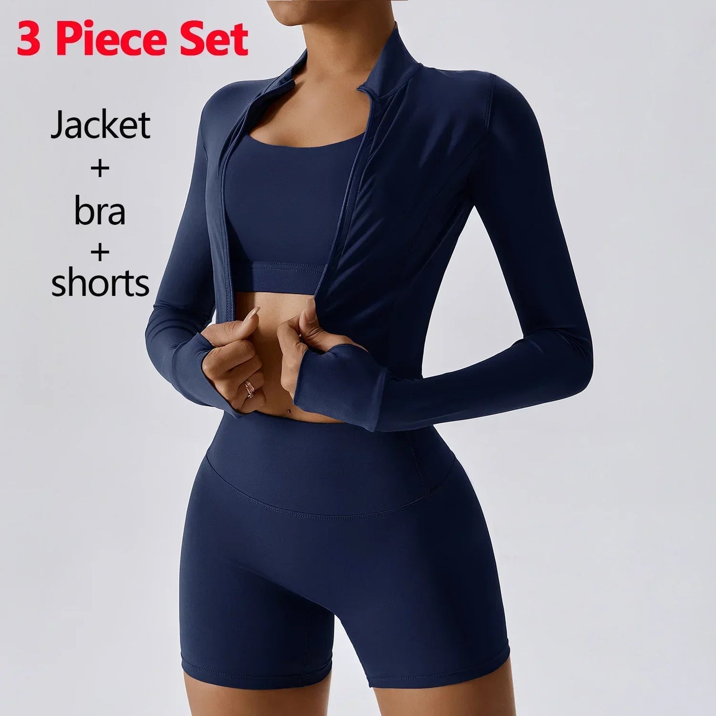 Conjunto de 3 piezas de ropa deportiva para mujer: Top de yoga, chaqueta, pantalones, leggings, sujetador deportivo, shorts ajustados, ropa de gimnasio, trajes de fitness