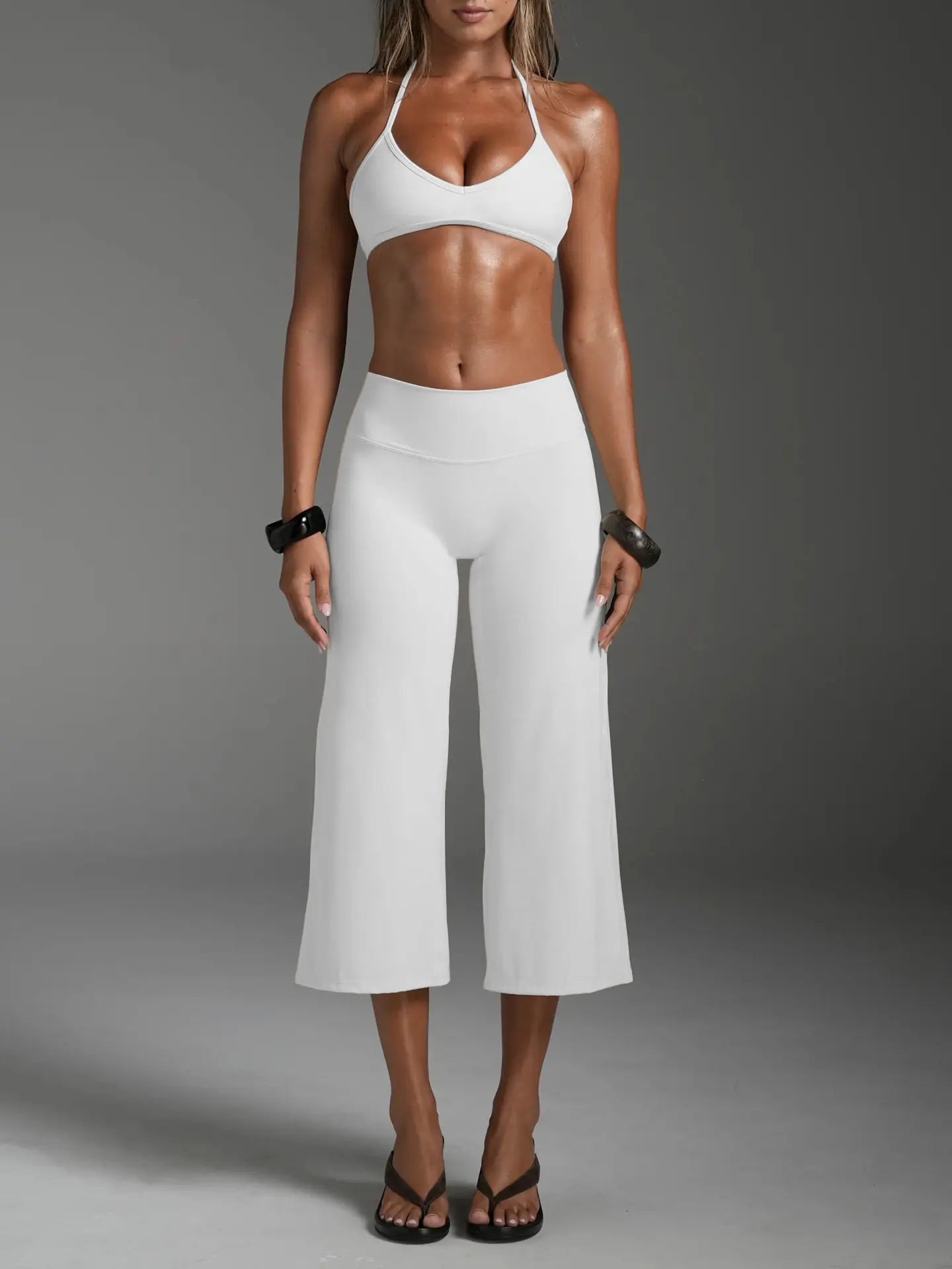 Women Halter Bralette Yoga Outfit Elastic Wide Leg Pants Set, Lightweight Slim Activewear, Fitness Suit for Running Daily Sports