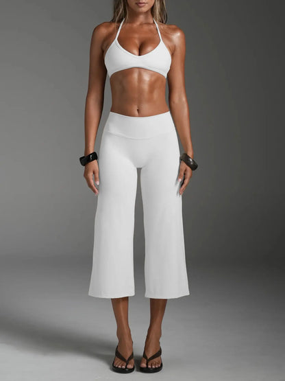 Women Halter Bralette Yoga Outfit Elastic Wide Leg Pants Set, Lightweight Slim Activewear, Fitness Suit for Running Daily Sports