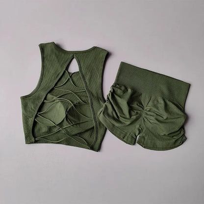 2025 Women's Seamless Racerback Yoga Set – Sports Bra + Shorts – Moisture-Wicking Activewear for Running, Fitness & Workouts