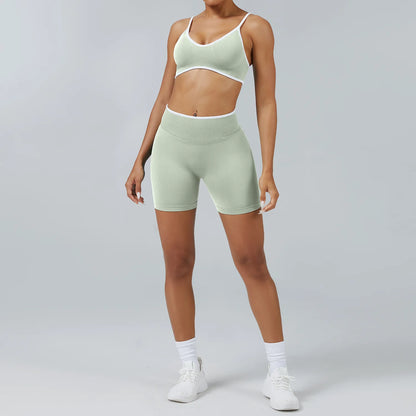 Conjunto deportivo sin costuras para mujer, sujetador deportivo acolchado, pantalones cortos de yoga que levantan la cadera para fitness