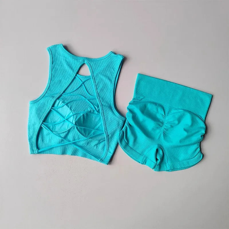 2025 Women's Seamless Racerback Yoga Set – Sports Bra + Shorts – Moisture-Wicking Activewear for Running, Fitness & Workouts