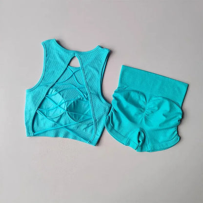 2025 Women's Seamless Racerback Yoga Set – Sports Bra + Shorts – Moisture-Wicking Activewear for Running, Fitness & Workouts