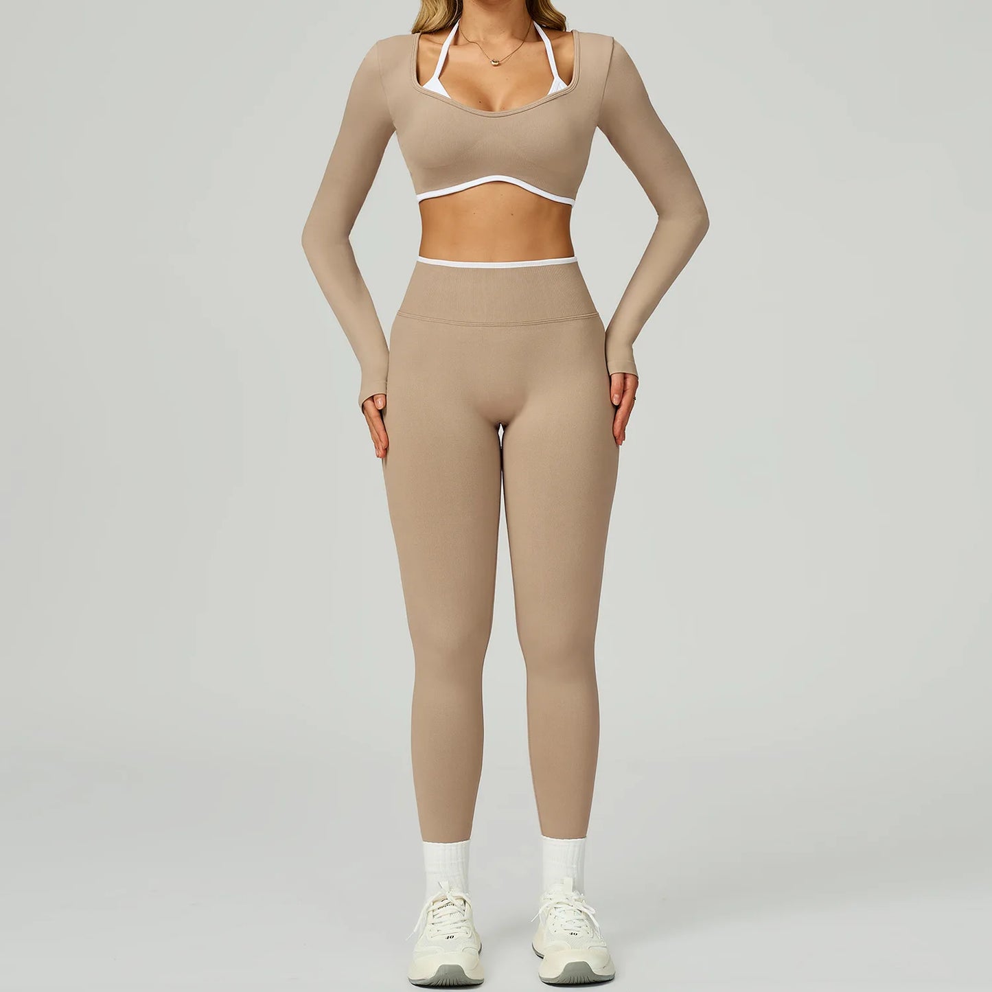 Women's Gym Seamless Contrast Color Yoga Set - Hollow Back Workout Shirt High Waist Fitness Leggings Tight Outdoor Outfit