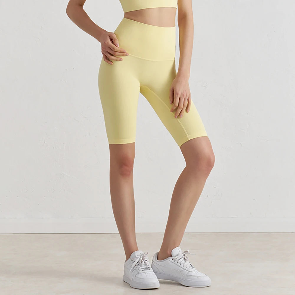 Pantalones Cortos de Yoga de Cintura Alta para Mujer hasta la Rodilla Leggings Amarillos Pantalón de Gimnasio con Efecto Push-Up Sensación Nude Ropa Deportiva para Ejercicio y Entrenamiento