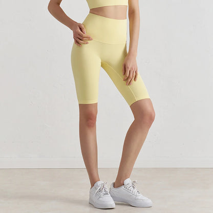 Pantalones Cortos de Yoga de Cintura Alta para Mujer hasta la Rodilla Leggings Amarillos Pantalón de Gimnasio con Efecto Push-Up Sensación Nude Ropa Deportiva para Ejercicio y Entrenamiento