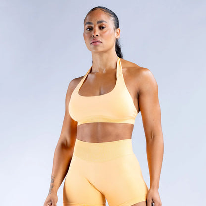 Sujetador deportivo halter sin costuras para mujer, con espalda abierta, a prueba de golpes, elástico, top de yoga para gimnasio, correr, fitness y uso diario casual