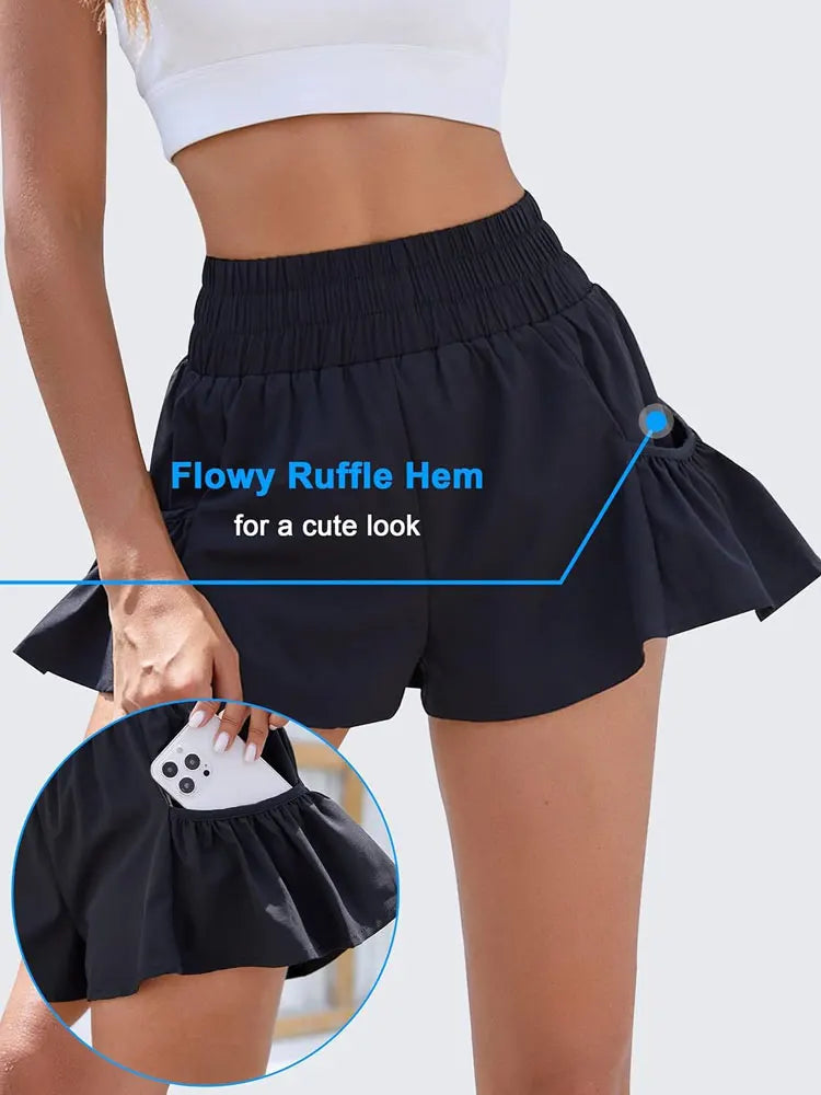 Pantalones cortos deportivos de mujer de cintura alta para correr, para gimnasio, de secado rápido, fluidos, con bolsillos